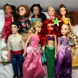 Lot of 9 Disney Princess Dolls - Jasmine Prince Eric Ariel Rapunzal